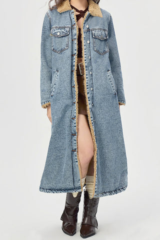 Longline Shearling-Lined Denim Coat
