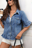 Distressed Denim Jacket with Fringe Detailing