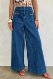 Decor Patched Pocket Wide Leg Denim Pants