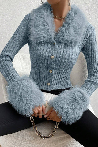 Faux Fur Trim Cardigan with Button Detailing