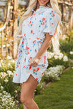 Stripe Floral Pattern Belted Mini Dress