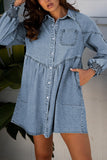 Smocked Cuffs Flared Denim Shirt Dress