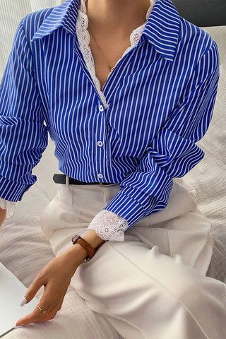 Striped Lace-Trim Button-Up Blouse