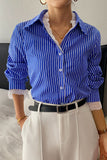 Striped Button-Up Blouse with Lace Trim