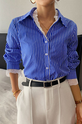 Striped Button-Up Blouse with Lace Trim