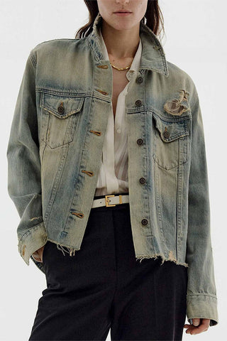 Distressed Denim Jacket with Button Closure
