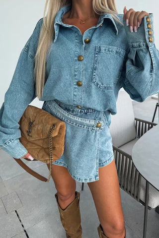 Button-Up Denim Short Set with Modern Style