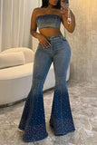Strapless Denim Flared Pants Set