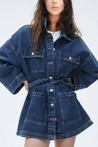 Belted Button-Front Denim Jacket
