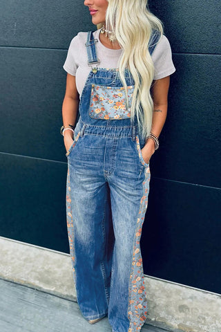 Floral Accent Denim Jumpsuit