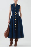 Button-Front Denim Midi Dress