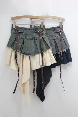 Edgy Layered Mini Skirt with Leather Straps