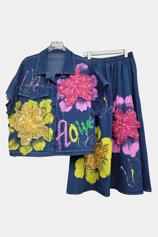 Floral-Embellished Denim Set