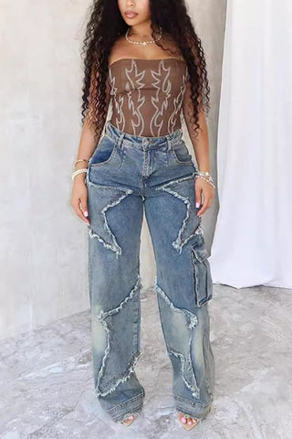 Distressed Straight-Leg Jeans with Stitch Details