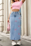 Bow-Accent Denim Maxi Skirt
