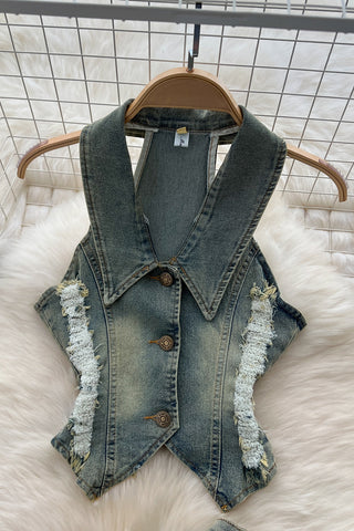 Button-Up Skirt Set with Stylish Vest