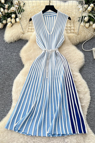 Striped V-Neck Belted Dress
