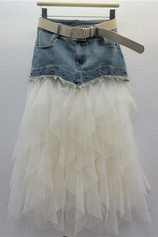 Denim Overlay Tulle Maxi Skirt