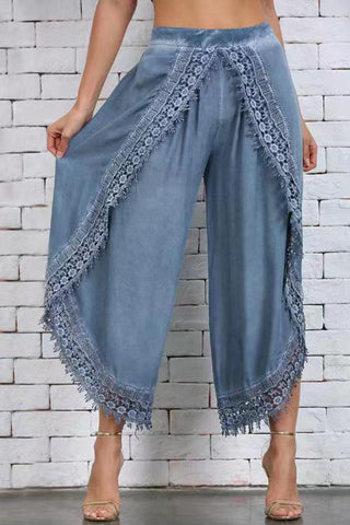 Lace Trim Wide-Leg Casual Pants