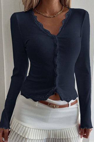 Lace-Trim Button-Front Blouse