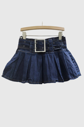 Pleated Denim Skirt with Belt