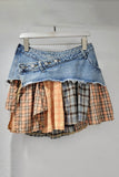 Denim and Plaid Layered Mini Skirt