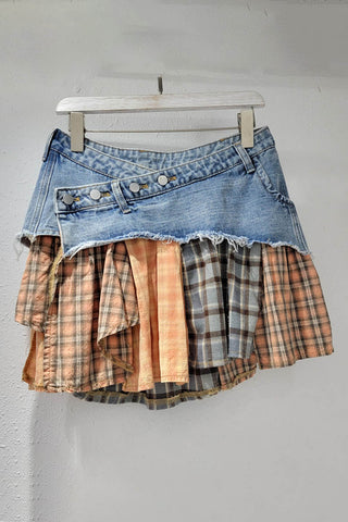 Denim and Plaid Layered Mini Skirt
