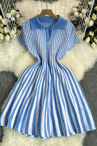 Polo Neck Striped Casual Mini Dress