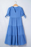 Gingham Bow Tie Short Sleeve Tiered Midi Dress