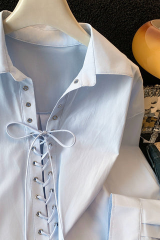 Lace-Up Front Blouse with Collar