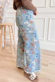 Floral Printed Raw Hem Straight Jeans