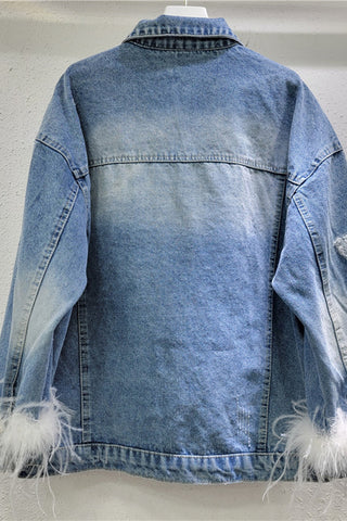 Denim Jacket with Feather Trim