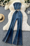 Strapless Denim Flared Pants Set