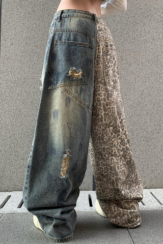Distressed Patchwork Wide-Leg Jeans