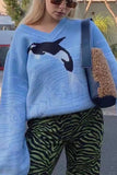 Dolphin Pattern V-Neck Sweater