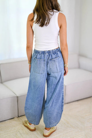 Wide-Leg Denim Pants with Drawstring