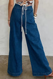 Decor Patched Pocket Wide Leg Denim Pants