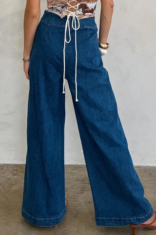 Decor Patched Pocket Wide Leg Denim Pants