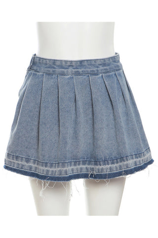Pleated Mini Denim Skirt