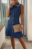 Button-Front Denim Dress with Embellished Collar
