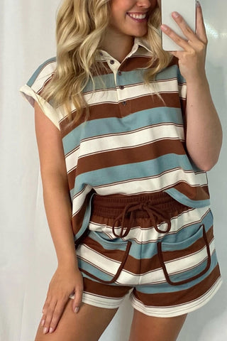 Striped Polo Collar Tee Short Set