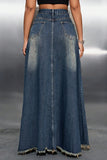 Distressed Hem Denim Maxi Skirt