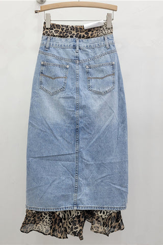 Distressed Denim and Patterned Maxi Skirt