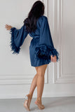 Feather-Trim Kimono Short Set