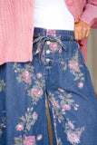 Elastic Waist Floral Wide-Leg Jeans