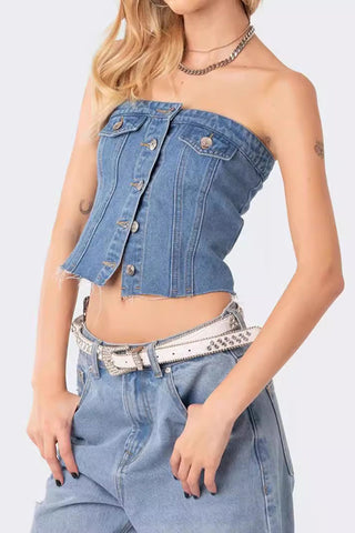 Button-Front Denim Bustier Top