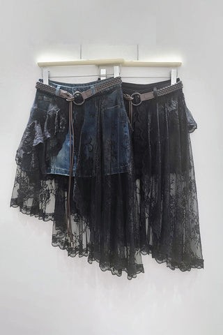 Asymmetric Denim and Lace Skirt