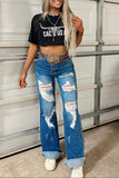 Distressed Straight-Leg Jeans with Cuffed Hem