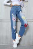 Floral Appliqué Straight Jeans