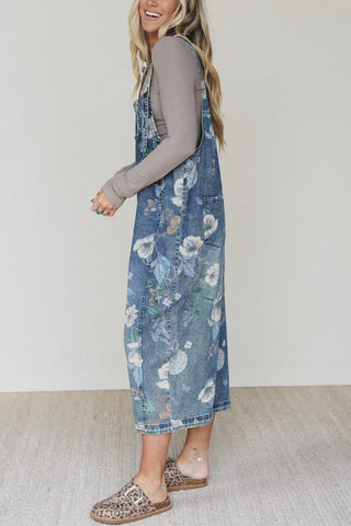 Floral Pattern Denim Jumpsuit